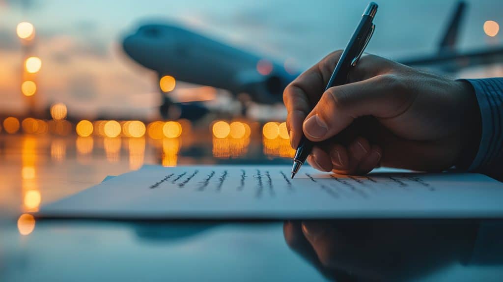 Person is signing aeroplane insurance document at airport with aircraft in background.