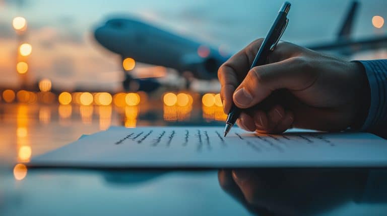 Person is signing aeroplane insurance document at airport with aircraft in background.